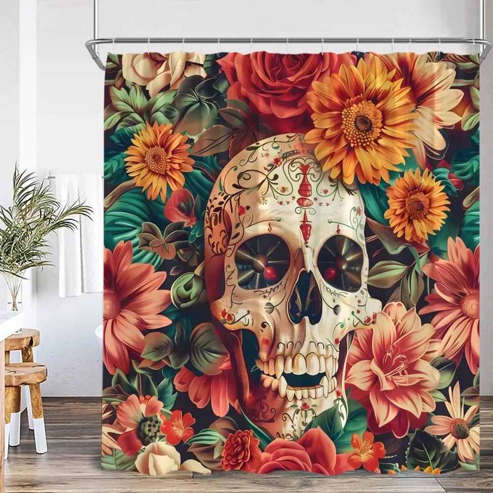 Bohemisk Dödskalle Blomma Duschdraperi Blomma Vintage Växt Blad Glad Halloween Badrumsdekoration Polyester Badkarsdraperi