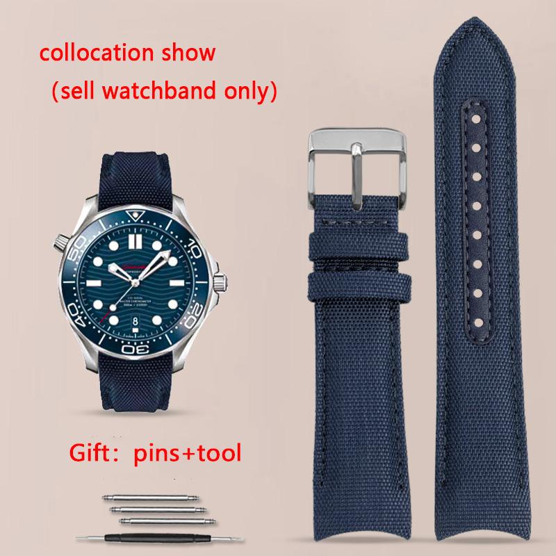 Curved End Watchband for Omega Seamaster 300 Watchband Nylon Canvas Wrist Bracelet for Seiko Rolex Water Ghost Straps 20mm 22mm