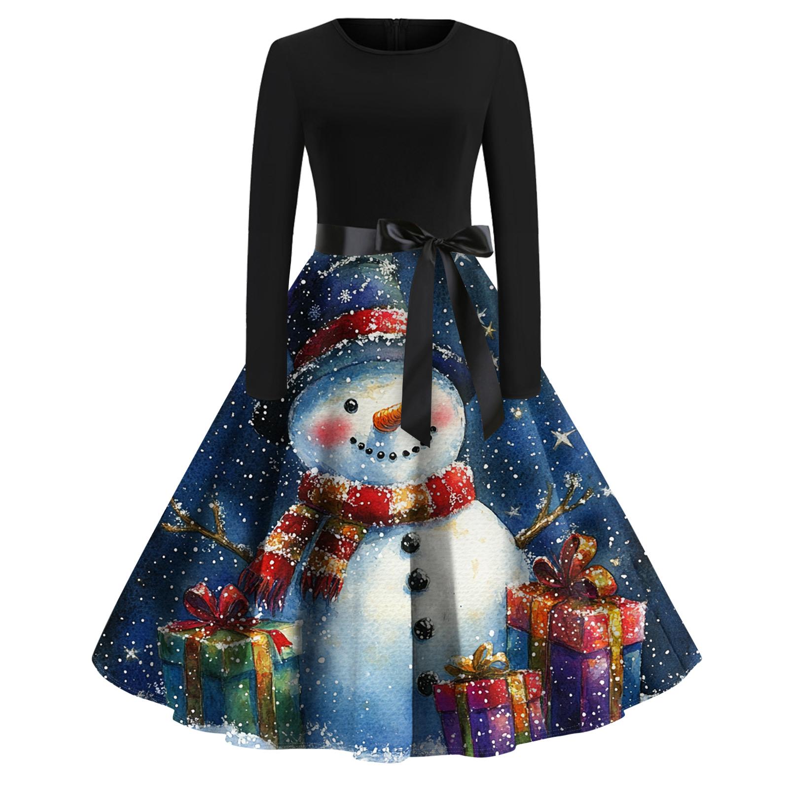 

Рождественский принт расклешенное платье для женщин платье с длинным рукавом полые вечерние повседневные платья XXXL тёмно-синий