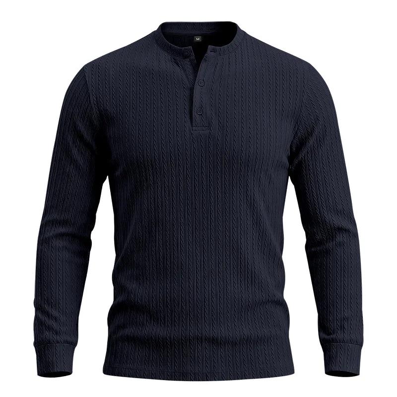 Spring Autumn Men's Knit T-Shirts Henry Collar Solid Color Striped Casual Tshirt Men Vintage Style Fashion Knitted Pullover Tees