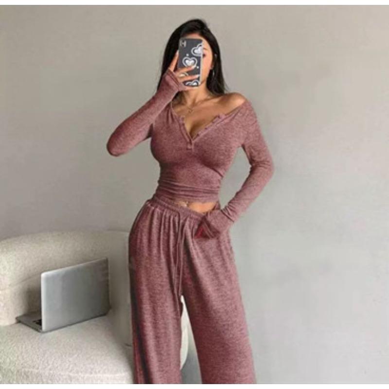 Fashion Women's Fashion Casual Solid Color Print Long Sleeve V Neck Pants Suits