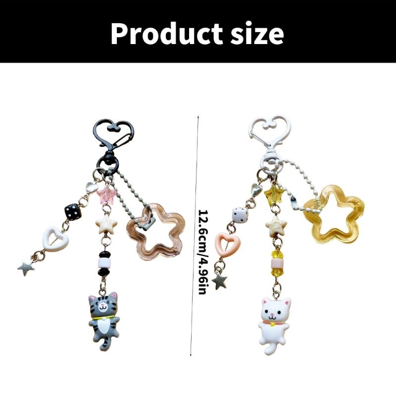 Cartoon Katze Schlüsselanhänger Anhänger Bunt Perlenbesetzter Schlüsselring Modisches Accessoire für Taschen und Geldbörsen Kreatives Geschenk