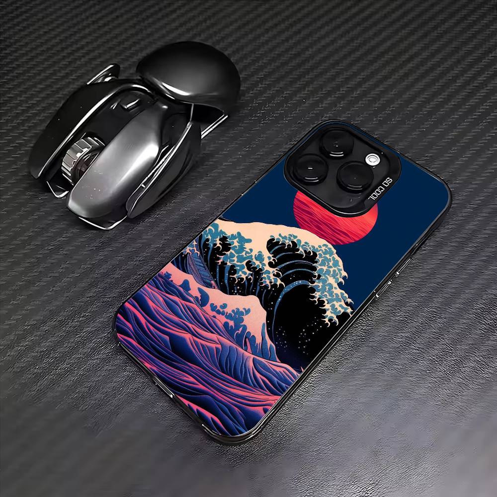 Japanese Ukiyo-e Ocean Waves Phone Case For iPhone17,16,15,14,13,12,11 Plus,Pro Max Colored Silver Plated Inside Cover