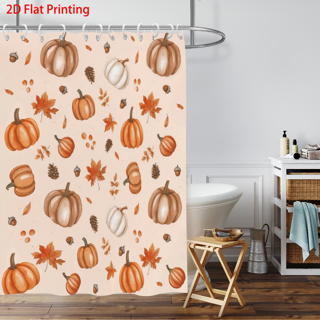 1pc Autumn Harvest Festival Pumpkin Print Waterproof Shower Privacy Hanging Curtain 12 Hook Multiple Sizes Machine Washable