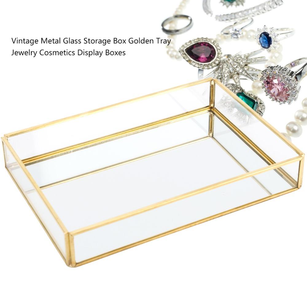 Vintage Metall-Glas-Aufbewahrungsbox Rechteckige Glas-Kosmetik-Displaybox Transparente Fächer Goldrand-Schmuck-Displaybox