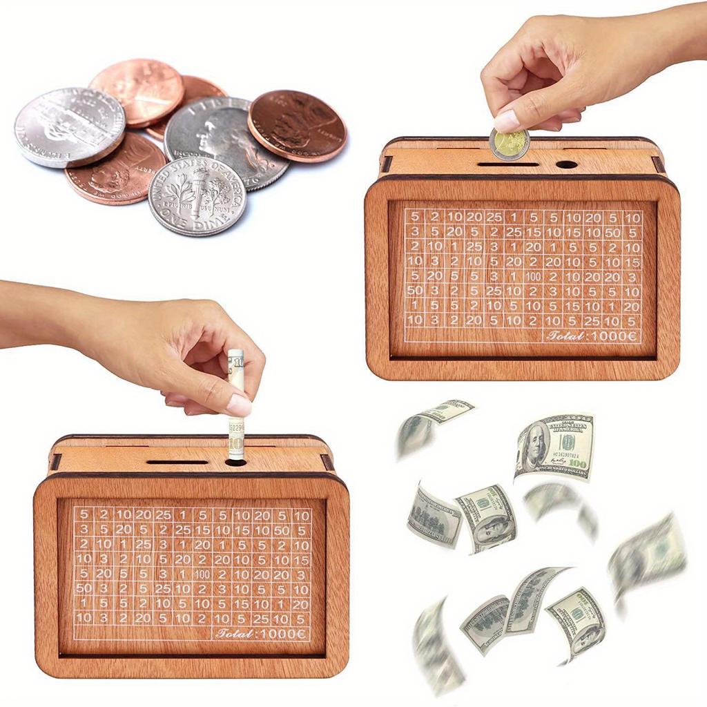 1pc DIY Wooden Piggy Bank with Savings Targets and Number,1000/5000/10000 Reusable Money Bank Suitable for Couples,elders,and Adults.