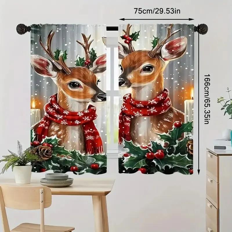 Set Of 2 Jit Cute Deer Print Curtain Christmas Window Decor Home Blackout With Rod Pocket Polyester