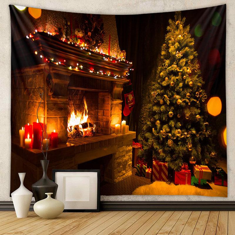 American Christmas Tapestry for Living Room Xmas Tree Fireplace Printed Wall Hanging Cloth Soft Square Holiday Home Decoration