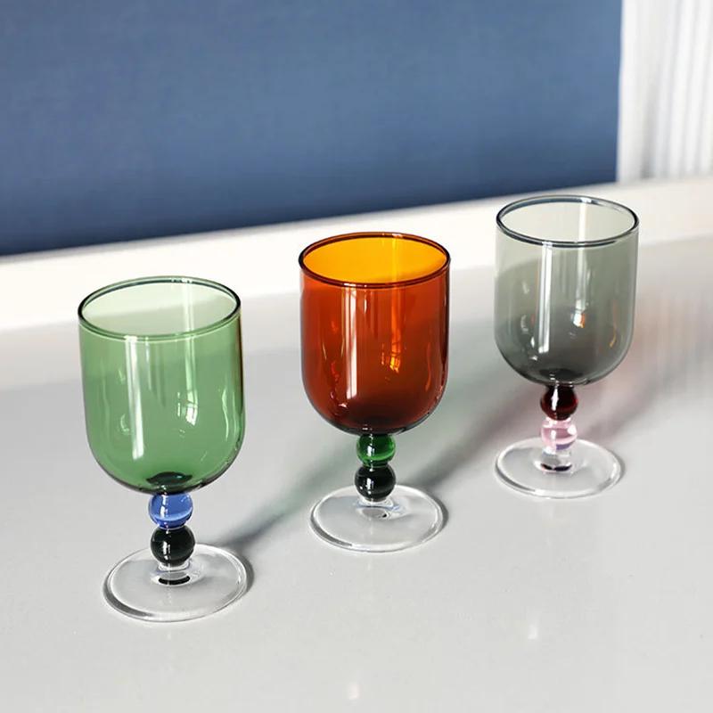Retro Medieval Cup with Colorful Beads High Borosilicate Glass Champagne Cup Cold Drink Fruit Wine Glasses Cup Small Wine Cups
