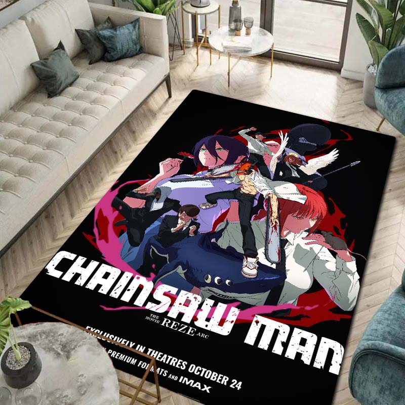 Chainsaw Man Anime Character Print Flannel Area Rug Non-Slip Soft Floor Mat For Couch Bedroom Living Room Indoor Home Decor Gift