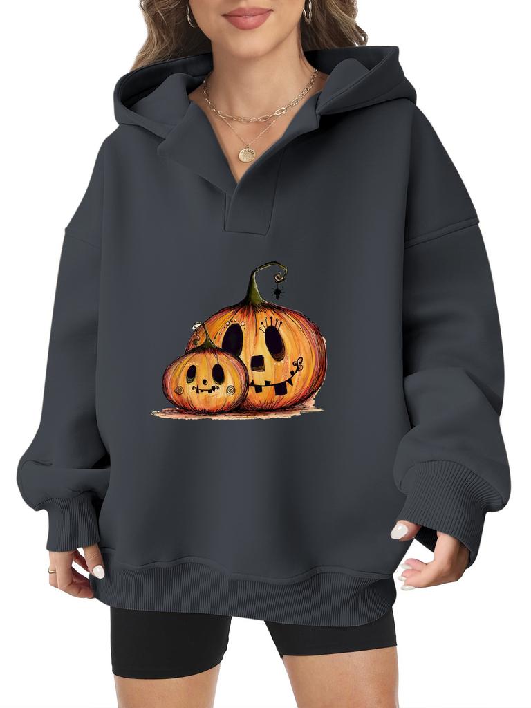 2025 real pumpkin autumn and winter Halloween velvet hooded sweater female American trendy cartoon printing thickened