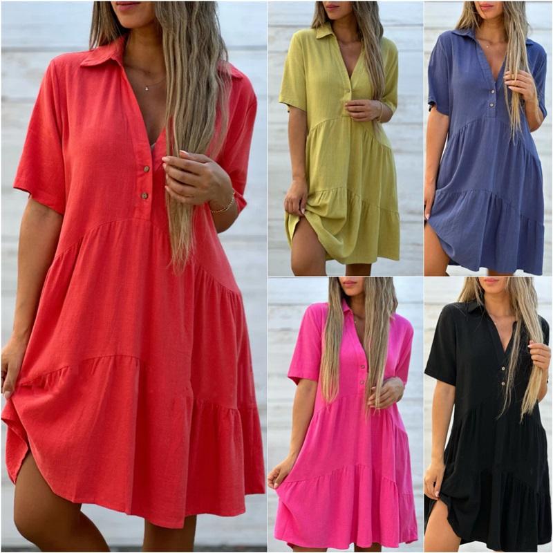 

European And American Ladies Dress Loose Solid Color Lapel Casual Short Sleeved Cotton And Linen Simple And Comfortable XXXL білий