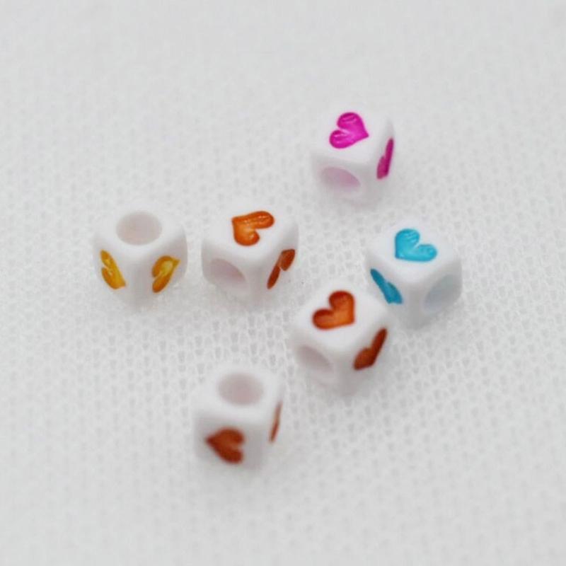 DIY Jewelry Making 50pcs Colorful Heart Printed Loose Beads Necklaces Bracelet Beads with Big Hole Square Beads