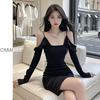 Elegant Black Long Sleeve Spaghetti Strap Dress: Slim Fit, Cinched Waist, Hip-Hugging Short Skirt for Early Spring