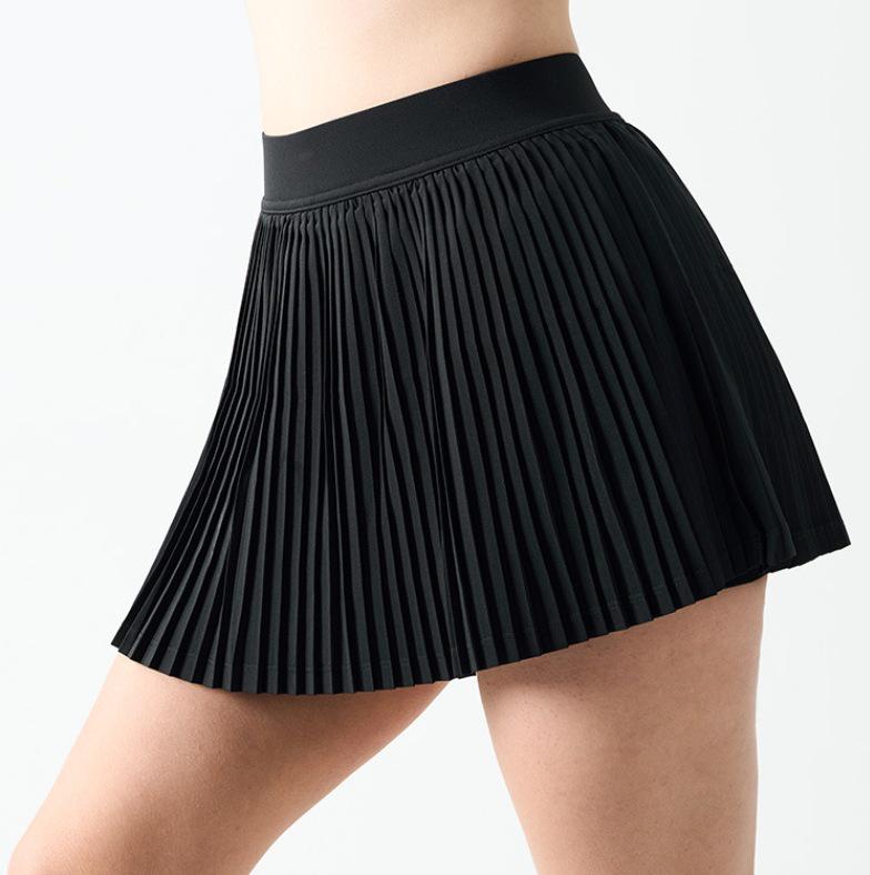 In-Stock High Waist Pleated Athletic Skort with Anti-Exposure and Quick-Drying Features, Side Pockets, and Midi Length
