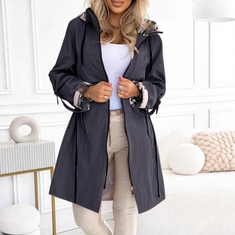 Fashion Trench Coat Woman Autumn Winter Solid Color Versatile Casual Street Style Cardigan Long-sleeved Hooded Plaid Outerwears