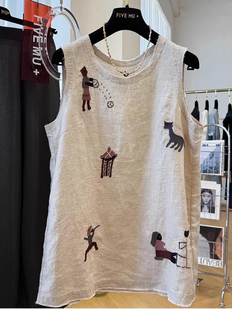 Women's Sleeveless Embroidered Cotton Linen Vest