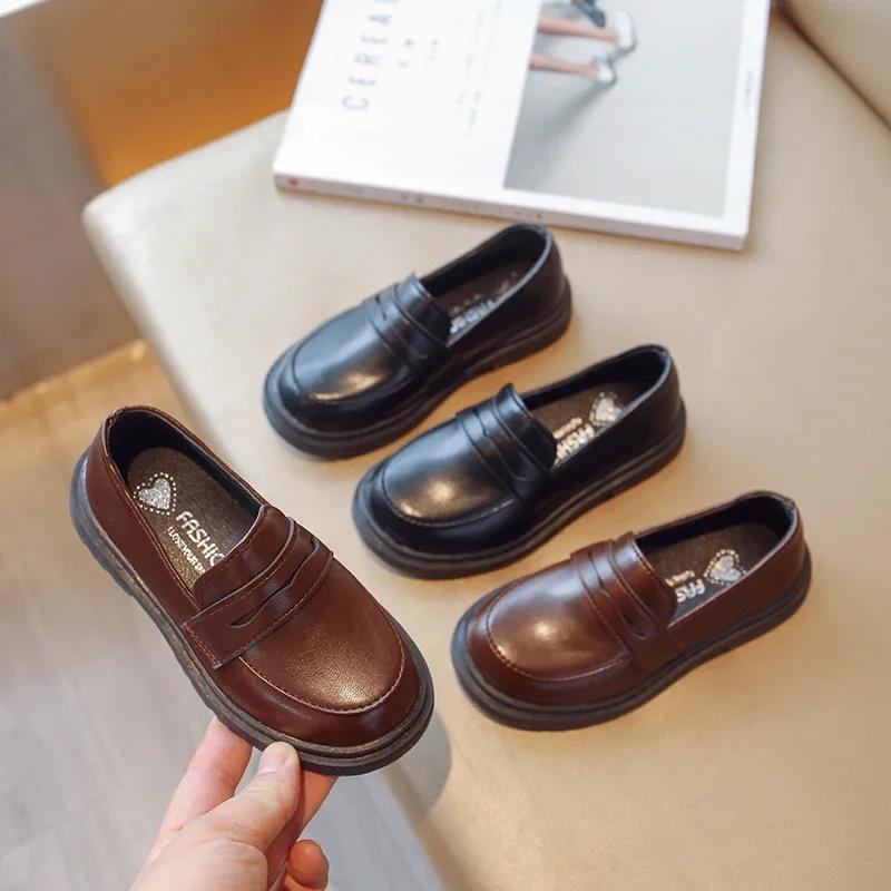 Britain Style Children's Leather Shoes for Boys Spring New Girls Retro Black Single Shoes Soft Moccasin Shoes for Children