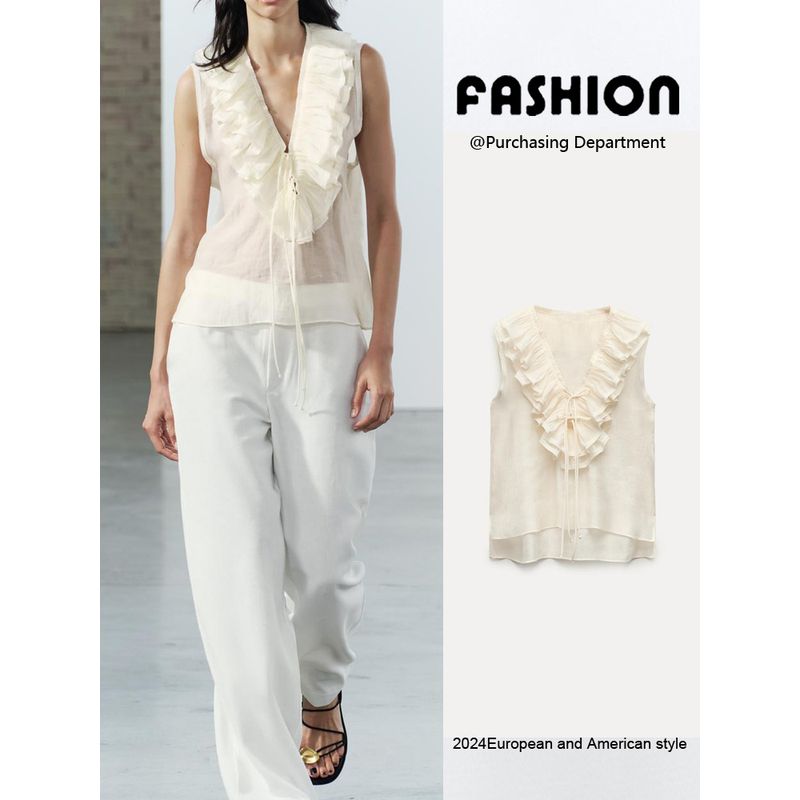 Za2024 Summer New Product Women's Clothes V Neck Sleeveless Shoelace Laminated Decoration Ruffle Top 3324505 712