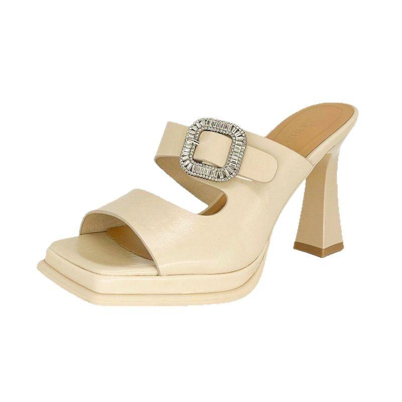 Fashion Open-toed Square Head Half-drag Sandals Women Wear Thick-heeled Cool Slippers 2025 Summer New Waterproof Desk High-heeled Slippers