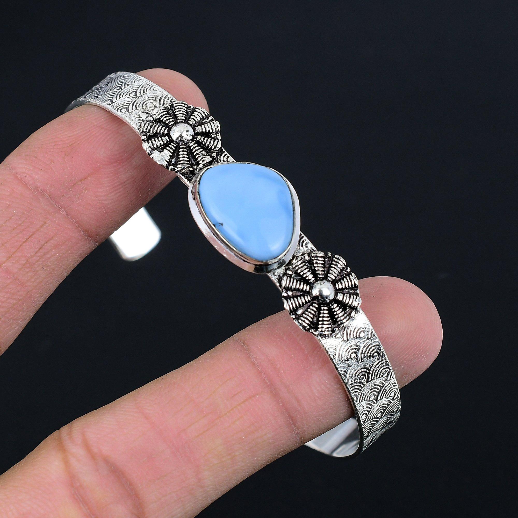 

Natural Owyhee Blue Opal Gemstone Bangle Adjustable 925 Sterling Silver Jewelry Adjustable
