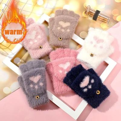 Cute Cartoon Knit Flip Top Gloves Women Warm Half Finger Thermal Winter Gloves Soft  Gloves for School Writing Cycling Use