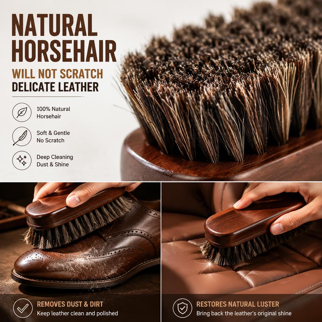 Horsehair Leather Textile Cleaning Brush for Car Interior Furniture Apparel Bag Shine Polishing Brush Auto Wash Detailing Brush
