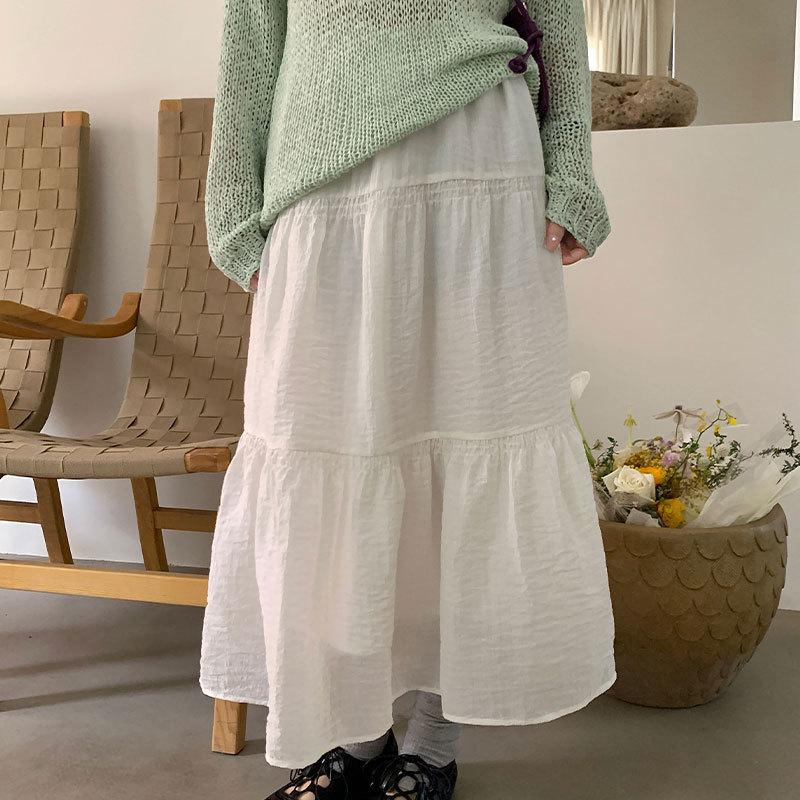 

Thirteen Rows High Waist Korean Style Patchwork Lace Midi Tencel Skirt One Size абрикосовый/белый