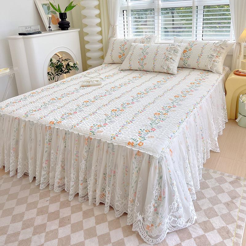 Saia de cama acolchoada estampada pastoral francesa, renda bordada, colcha grossa, roupa de cama à prova de poeira com lençol de algodão antiderrapante