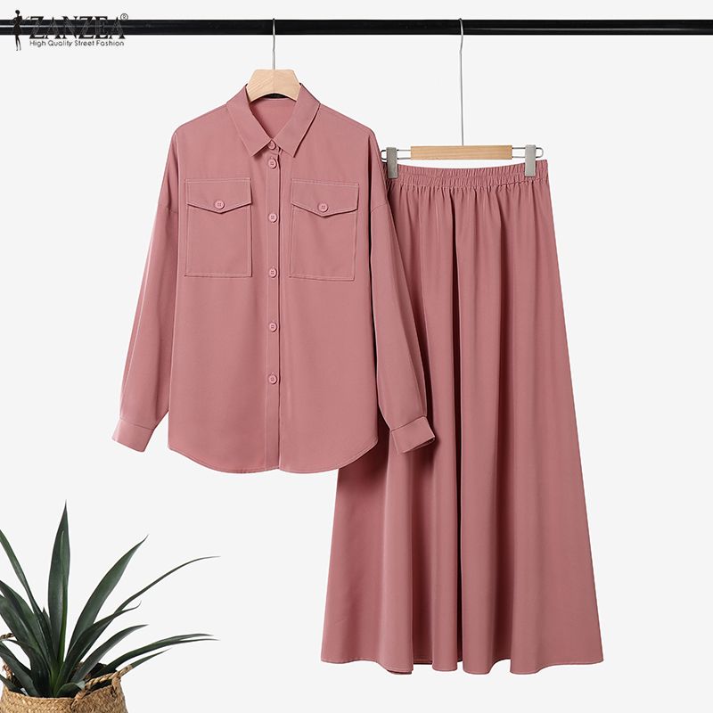 ZANZEA Women Long Sleeve Blouse and Skirts Muslim Casual Two Piece Suit Sets