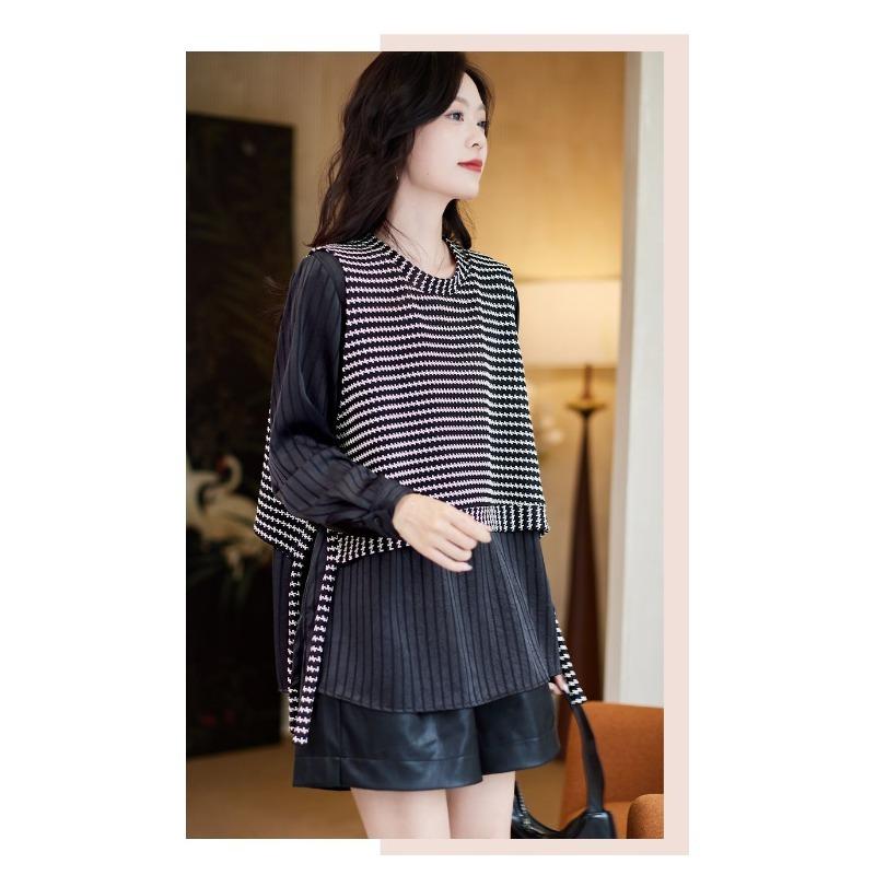 Fashion Two Piece Style Striped Patchwork Shirt Autumn Loose Fit Versatile Stylish Long Sleeve Top