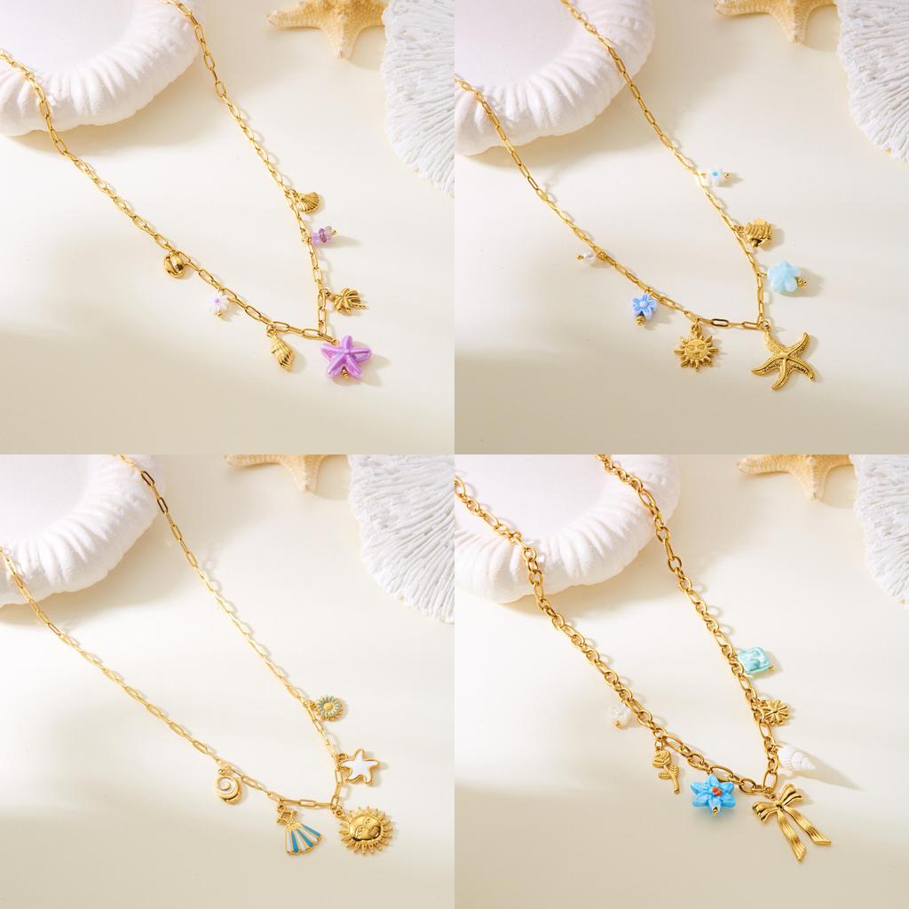 Summer Vacation Style Multilayer Stainless Steel Butterfly Sun Pendant Necklace For Women
