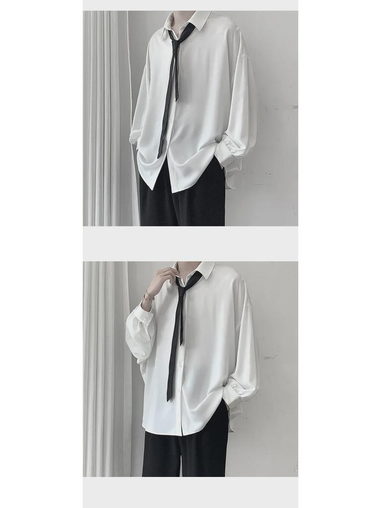 Men's Loose Fit Korean Style Pleated Cuff Shirt with Long Sleeves - Spring/Autumn Fashion.