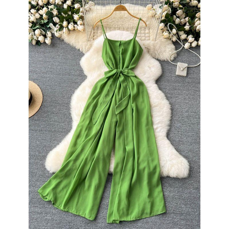 Holiday Wear Chic Summer New Design Sense Lace-up Waist-Controlled Youthful-Looking Loose Wide Leg Leisure Suspender Jumpsuit