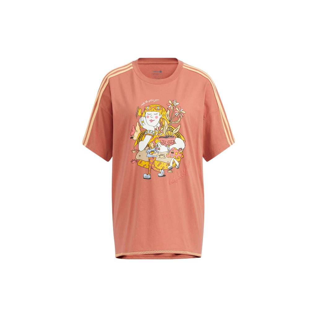 Adidas Neo Cartoon Character Floral Print Striped Casual Sports Drop Shoulder T-Shirt Women T-Shirt Brown Red HH7663