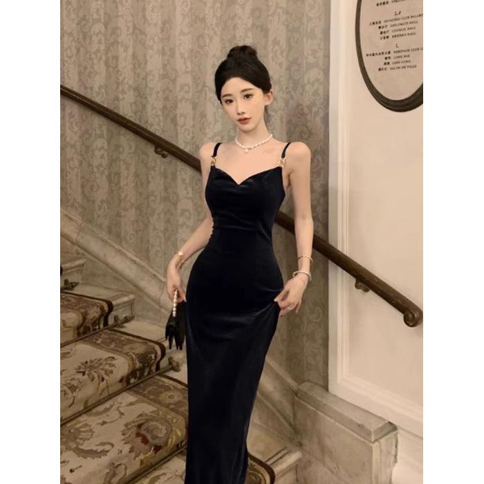 French black velvet suspender dress women's early autumn summer senior sexy hip wrap birthday evening dress long skirt