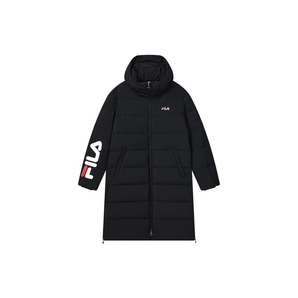 FILA Logo Print Long Hooded Down Jacket Unisex Outerwear Black F51U248901F-NV