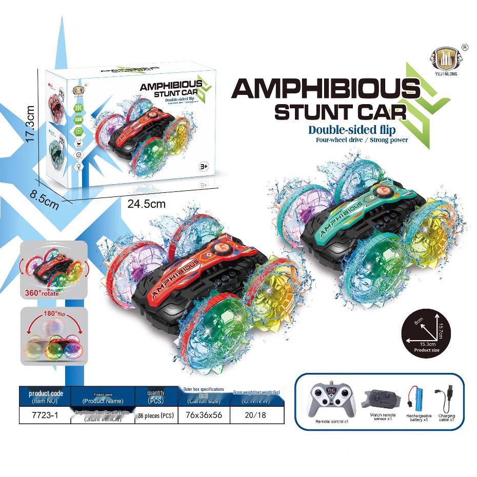Double-Sided Amphibious Remote Control Stunt Car with Lights for Beach and Off-Road Fun