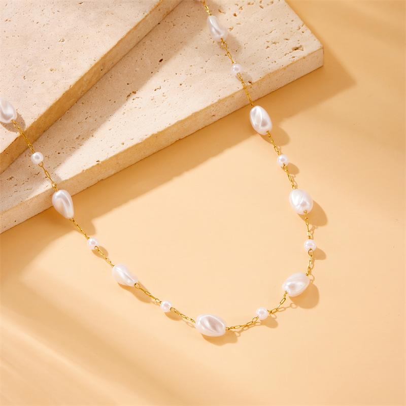 Gold Plated Baroque Freshwater Pearl Station Necklace, Stainless Steel Dainty Irregular Pearl Choker, Waterproof Elegant Jewelry for Women Gift