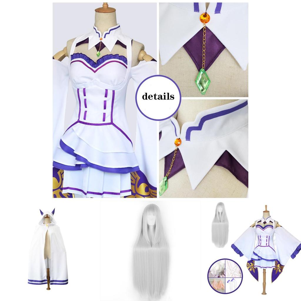 Betoverende Emilia-jurk cosplay set met elegante pruik voor dames, perfect voor een anime-feestkostuum.