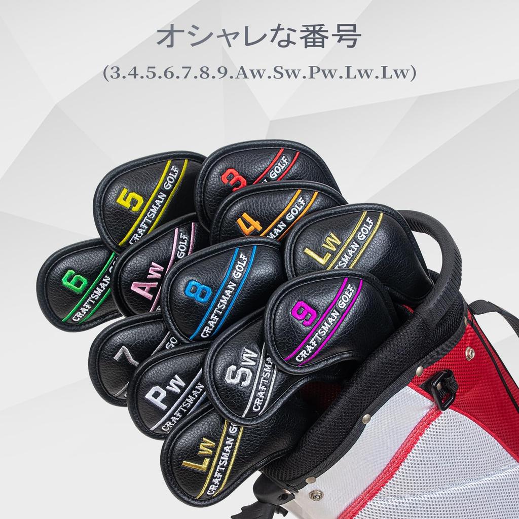 Golf Iron Covers Magnet Wedge Covers Club Head Covers Set Colorful Numbers 12pcs Black Synthetic Leather (3-9, Pw, Aw, Sw, Lw2)