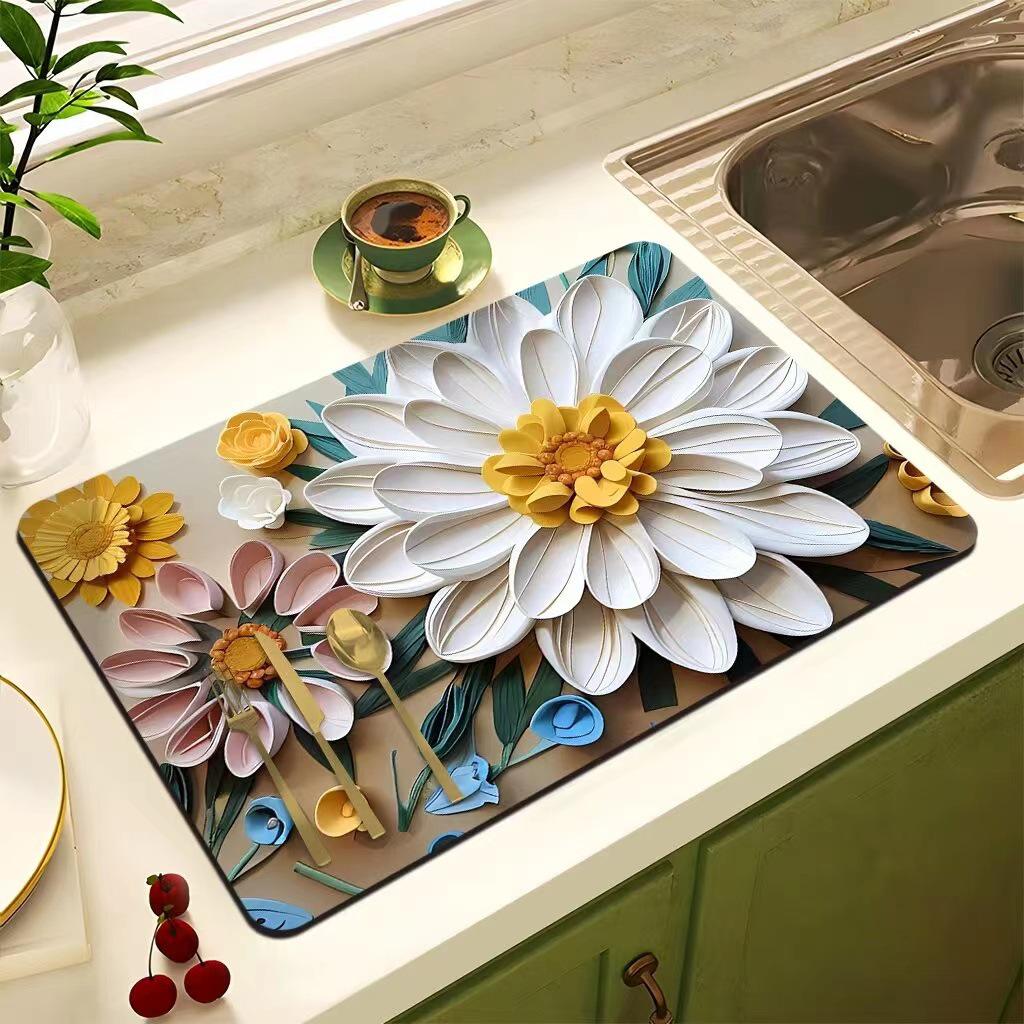 Oil Painting Style Floral Water-Absorbent, Stain-Resistant Kitchen Mat – Heat Insulation, Wear-Resistant, Easy-Clean Draining Mat
