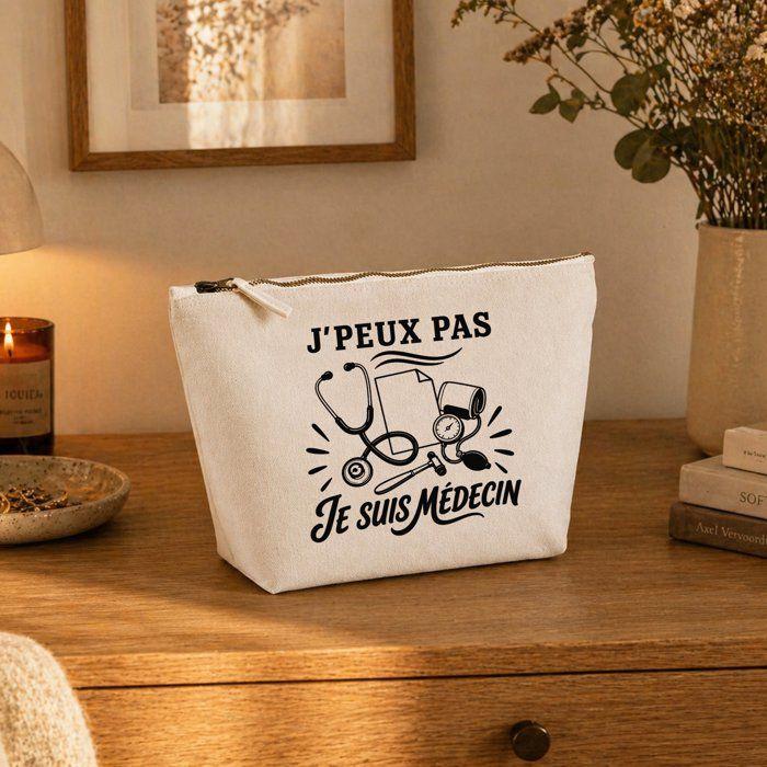 Trousse de toilette - PLANETEE - J’peux pas je suis Médecin - Beige - Coton 100% - 3 L - Zip métal