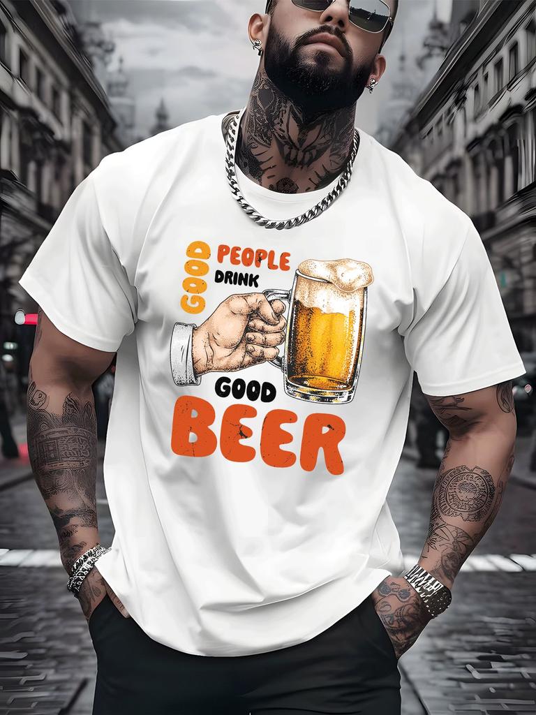 Fun Beer Lover Unisexs White Short Sleeve Tshirt Vintage Hand Grab Beer Glass Good Beer Text Print Breathable Daily Cotton Tops