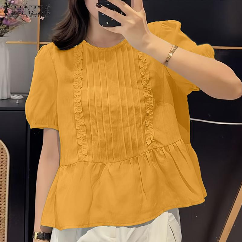 ZANZEA Dame Casual Rund Hals Løs Sommer Kort Erm Bluse