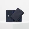 Matt Saffiano Cowhide Slim Business Card Holder Black + Steel Blue