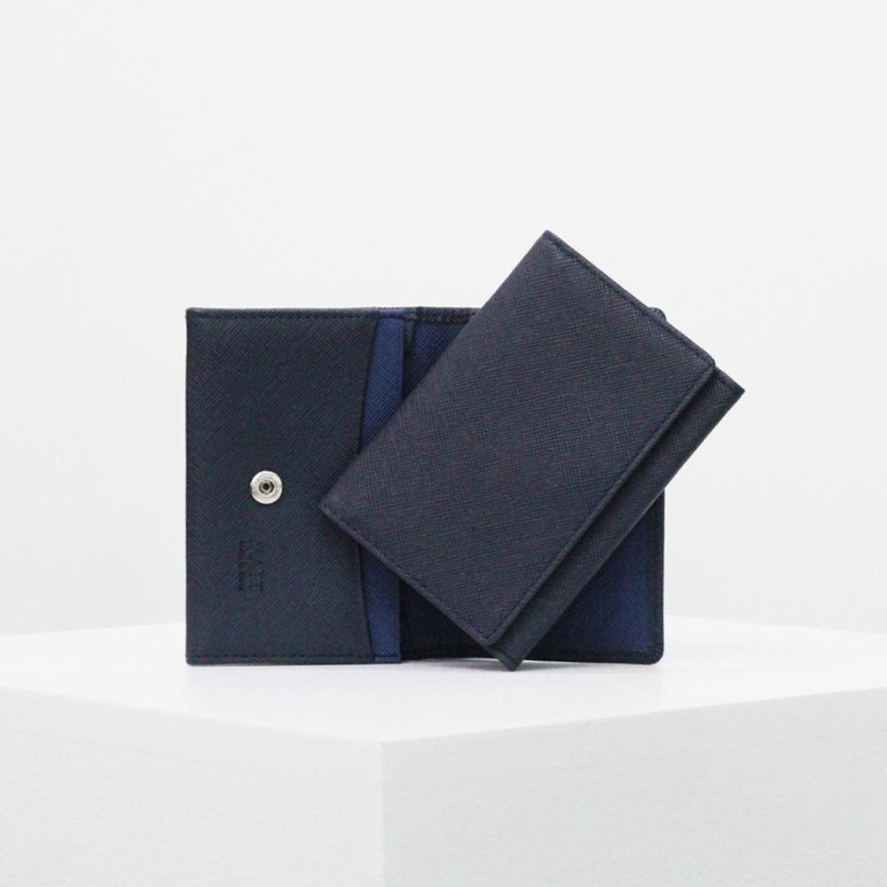 Matt Saffiano Cowhide Slim Business Card Holder Black + Steel Blue