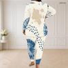 Women Plus Size Round Neck Long Sleeve Printed Blue Beige Longline Top Fitted Pants Two Piece Set