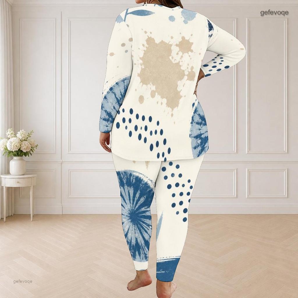 Women Plus Size Round Neck Long Sleeve Printed Blue Beige Longline Top Fitted Pants Two Piece Set