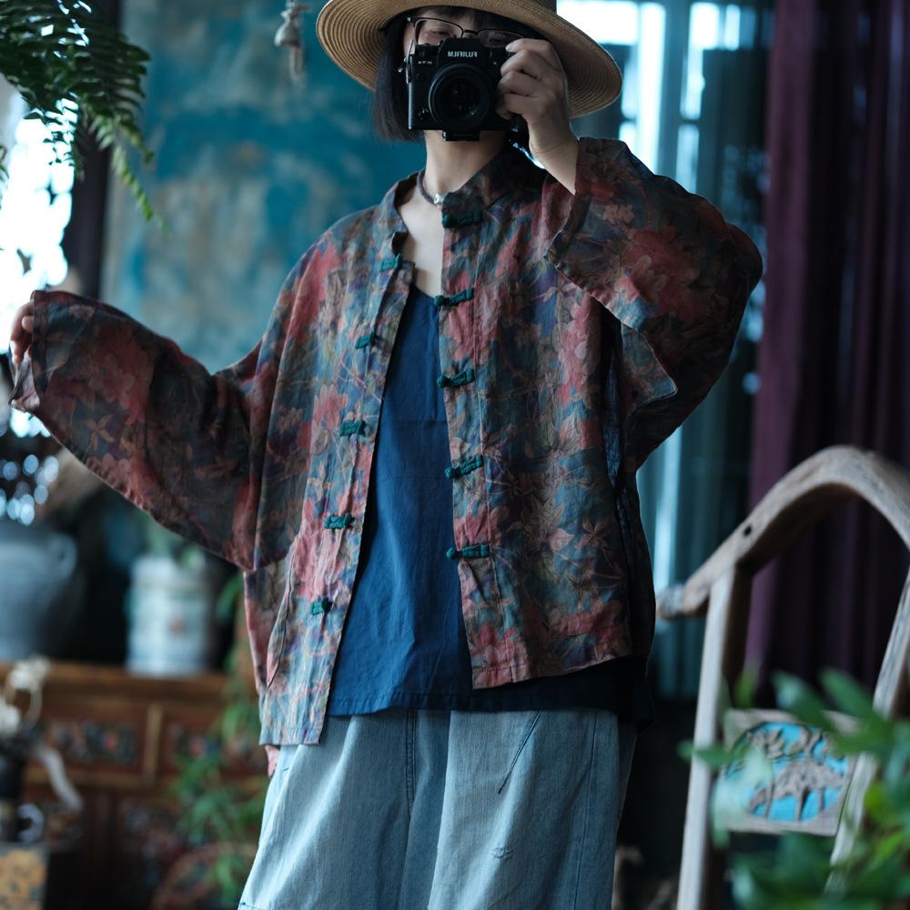 

Johnature Женские рубашки с винтажным принтом и цветочным принтом, свободные блузки с длинным рукавом и пуговицами в китайском стиле для женщин One Size синий